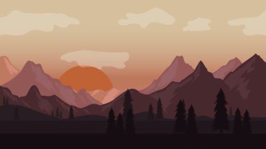 Animasyon karikatür arka planı. Çam ağaçlarıyla çevrili dağ manzarası animasyonu. Paraleks efektli düz görüntü. yan görünüm