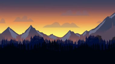 Animasyon karikatür arka planı. Çam ağaçlarıyla çevrili dağ manzarası animasyonu. Paraleks efektli düz görüntü. yan görünüm