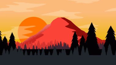 Animasyon karikatür arka planı. Çam ağaçlarıyla çevrili dağ manzarası animasyonu. Paraleks efektli düz görüntü. yan görünüm