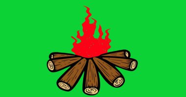 Yeşil arkaplanda izole edilmiş yanan ateşin canlandırması.