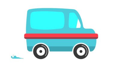 2D animasyon şehir arka planında kargo kamyonu animasyonu. Şehir geçmişi taşınıyor. Çizgi film arabası.