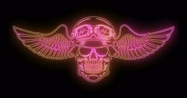 Parlayan neon çizgilerden çıkan kanatlı miğferdeki kafatası animasyonu.