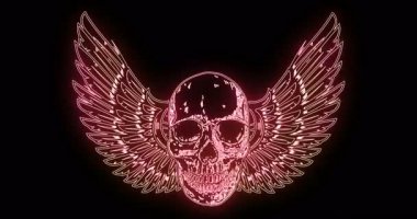 Parlayan neon çizgilerden kanatlı insan kafatasının animasyonu.