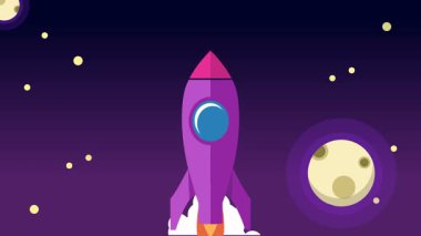 Bulutların üzerinde uzaya uçan klasik roket animasyonu.