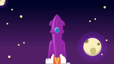 Bulutların üzerinde uzaya uçan klasik roket animasyonu.