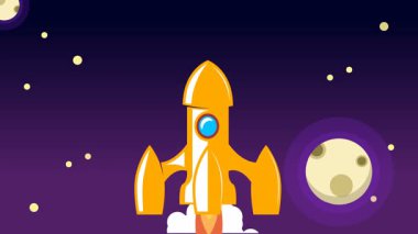 Bulutların üzerinde uzaya uçan klasik roket animasyonu.