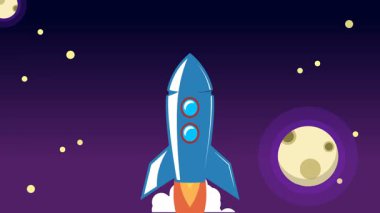 Bulutların üzerinde uzaya uçan klasik roket animasyonu.