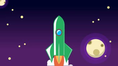 Bulutların üzerinde uzaya uçan klasik roket animasyonu.