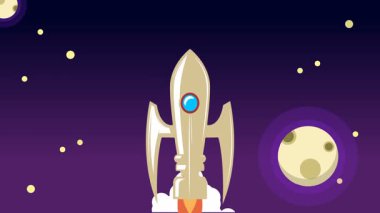 Bulutların üzerinde uzaya uçan klasik roket animasyonu.