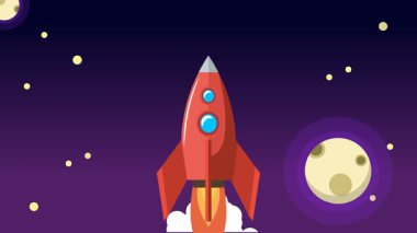 Bulutların üzerinde uzaya uçan klasik roket animasyonu.