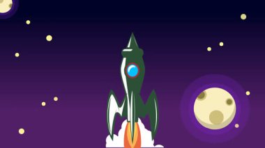 Bulutların üzerinde uzaya uçan klasik roket animasyonu.