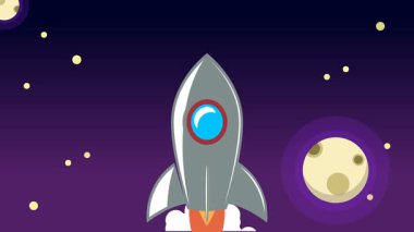 Bulutların üzerinde uzaya uçan klasik roket animasyonu.