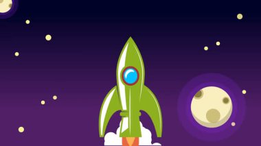 Bulutların üzerinde uzaya uçan klasik roket animasyonu.