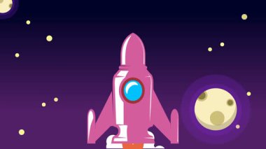 Bulutların üzerinde uzaya uçan klasik roket animasyonu.