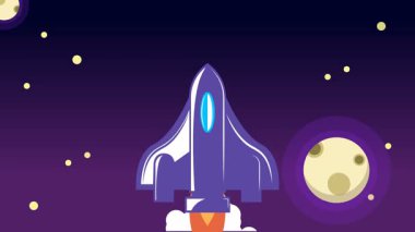 Bulutların üzerinde uzaya uçan klasik roket animasyonu.