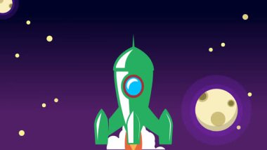 Bulutların üzerinde uzaya uçan klasik roket animasyonu.