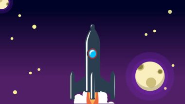 Bulutların üzerinde uzaya uçan klasik roket animasyonu.