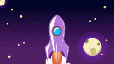 Bulutların üzerinde uzaya uçan klasik roket animasyonu.