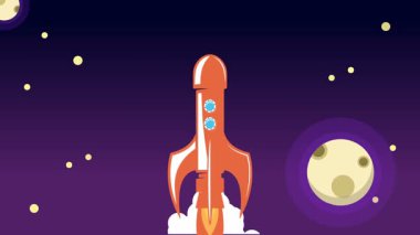 Bulutların üzerinde uzaya uçan klasik roket animasyonu.