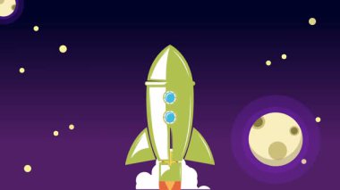 Bulutların üzerinde uzaya uçan klasik roket animasyonu.