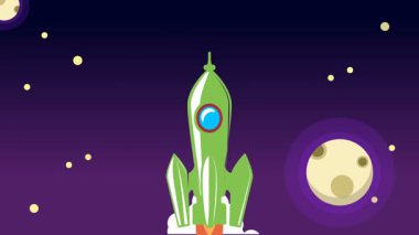 Bulutların üzerinde uzaya uçan klasik roket animasyonu.