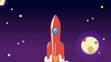 Bulutların üzerinde uzaya uçan klasik roket animasyonu.