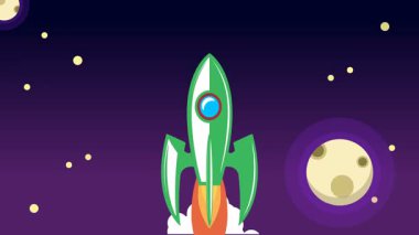 Bulutların üzerinde uzaya uçan klasik roket animasyonu.