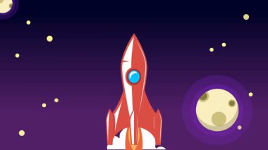 Bulutların üzerinde uzaya uçan klasik roket animasyonu.