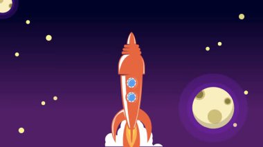 Bulutların üzerinde uzaya uçan klasik roket animasyonu.