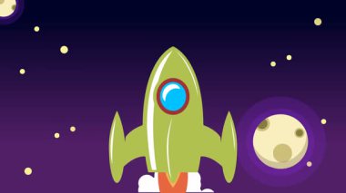 Bulutların üzerinde uzaya uçan klasik roket animasyonu.