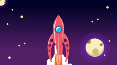 Bulutların üzerinde uzaya uçan klasik roket animasyonu.