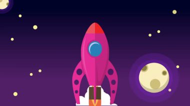 Bulutların üzerinde uzaya uçan klasik roket animasyonu.