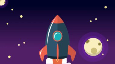 Bulutların üzerinde uzaya uçan klasik roket animasyonu.