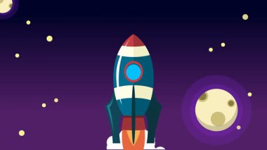 Bulutların üzerinde uzaya uçan klasik roket animasyonu.