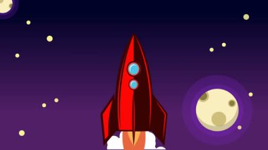 Bulutların üzerinde uzaya uçan klasik roket animasyonu.