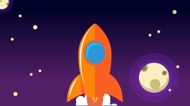 Bulutların üzerinde uzaya uçan klasik roket animasyonu.