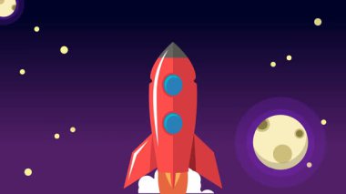 Bulutların üzerinde uzaya uçan klasik roket animasyonu.