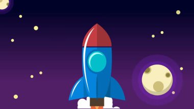 Bulutların üzerinde uzaya uçan klasik roket animasyonu.