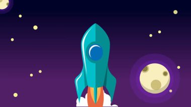 Bulutların üzerinde uzaya uçan klasik roket animasyonu.