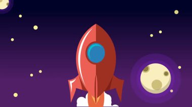 Bulutların üzerinde uzaya uçan klasik roket animasyonu.