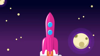 Bulutların üzerinde uzaya uçan klasik roket animasyonu.