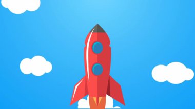 Bulutların üzerinde uzaya uçan klasik roket animasyonu.