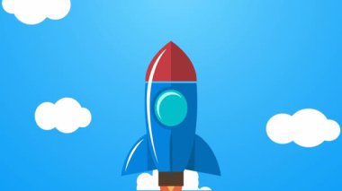 Bulutların üzerinde uzaya uçan klasik roket animasyonu.