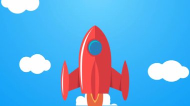 Bulutların üzerinde uzaya uçan klasik roket animasyonu.