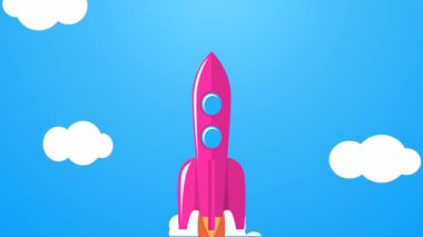 Bulutların üzerinde uzaya uçan klasik roket animasyonu.