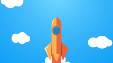 Bulutların üzerinde uzaya uçan klasik roket animasyonu.