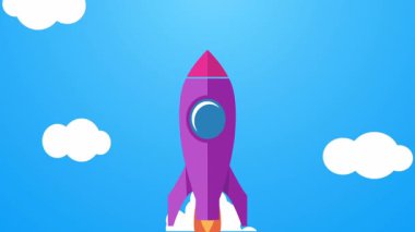 Bulutların üzerinde uzaya uçan klasik roket animasyonu.