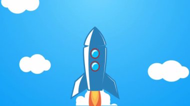 Bulutların üzerinde uzaya uçan klasik roket animasyonu.