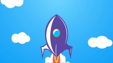 Bulutların üzerinde uzaya uçan klasik roket animasyonu.