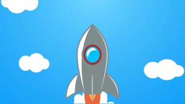 Bulutların üzerinde uzaya uçan klasik roket animasyonu.